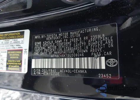2009 Toyota Camry Le z USA, uszkodzony, nr VIN 4T1BE46K19U308046